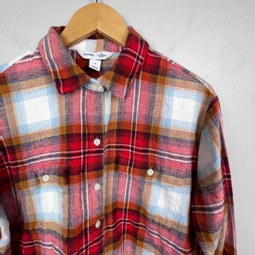 Old Navy Boyfriend Shirt Women M Red Plaid Flannel Long Sleeve Tunic Cotton